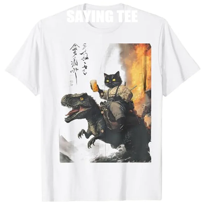 

Black Cat Samurai Dinosaur Sea Wave Print T-Shirt Humor Funny Japanese Manga Comics Graphic Outfit Y2k Cartoon Novelty Tee Tops