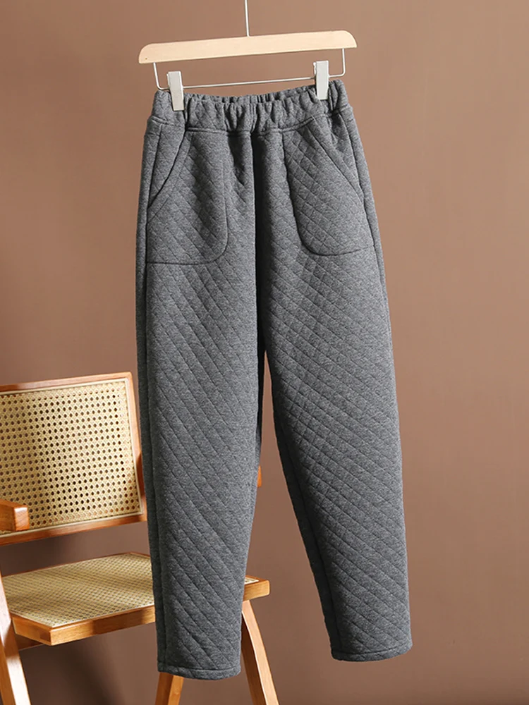 2024 New Winter Vintage Plaid Cotton-Padded Trousers Thick Warm Plus Velvet Harem Pants Casual Loose Wide Leg Pants Pantalones