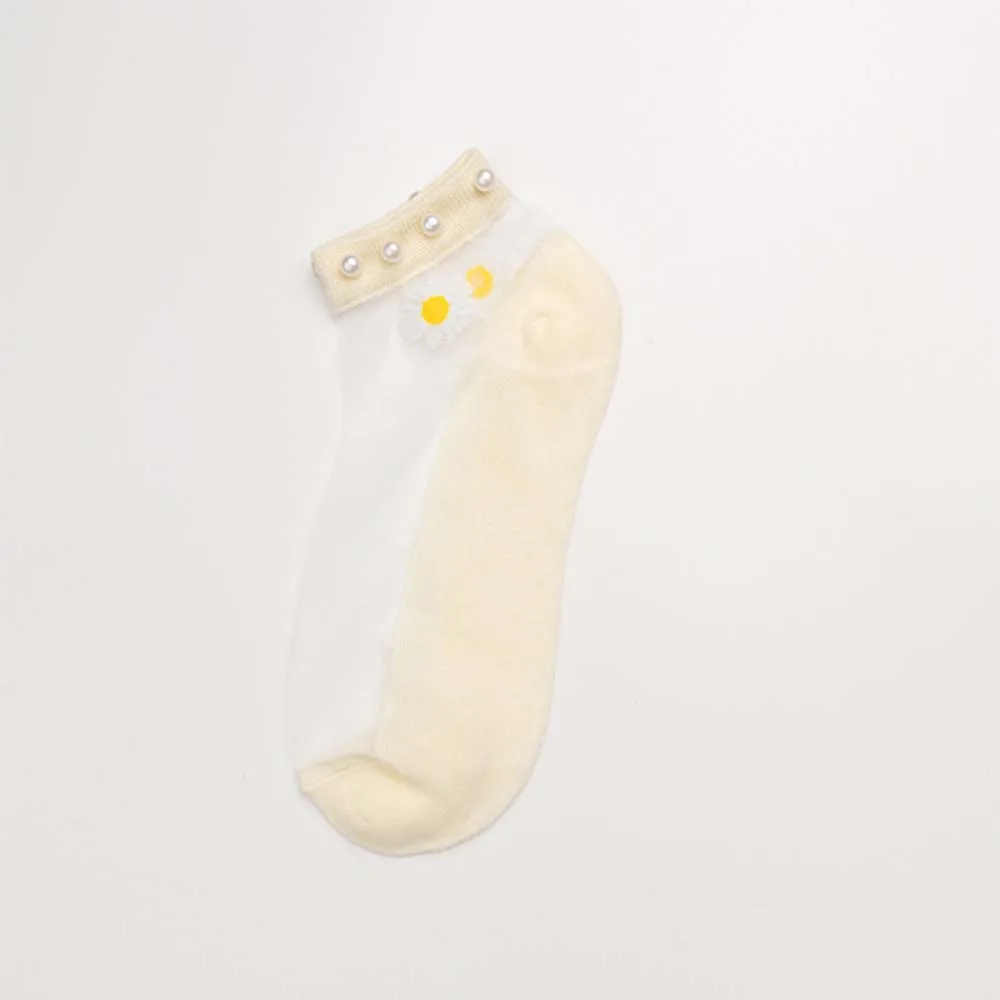 

Transparent Ultra-thin Lady Elasticity Pearl Women Lace Hosiery Ankle Socks Mesh Daisy Socks