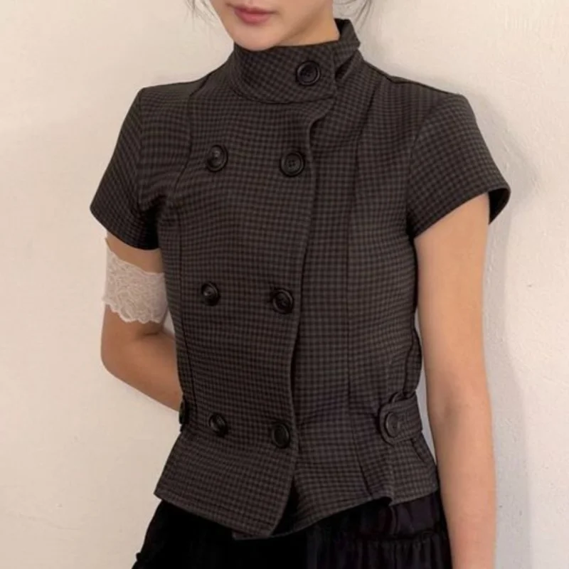Women Stand Collar Short Sleeve Shirt Double Breasted Button Crop Top Plaid & Solid Color Slim Casual Blouse