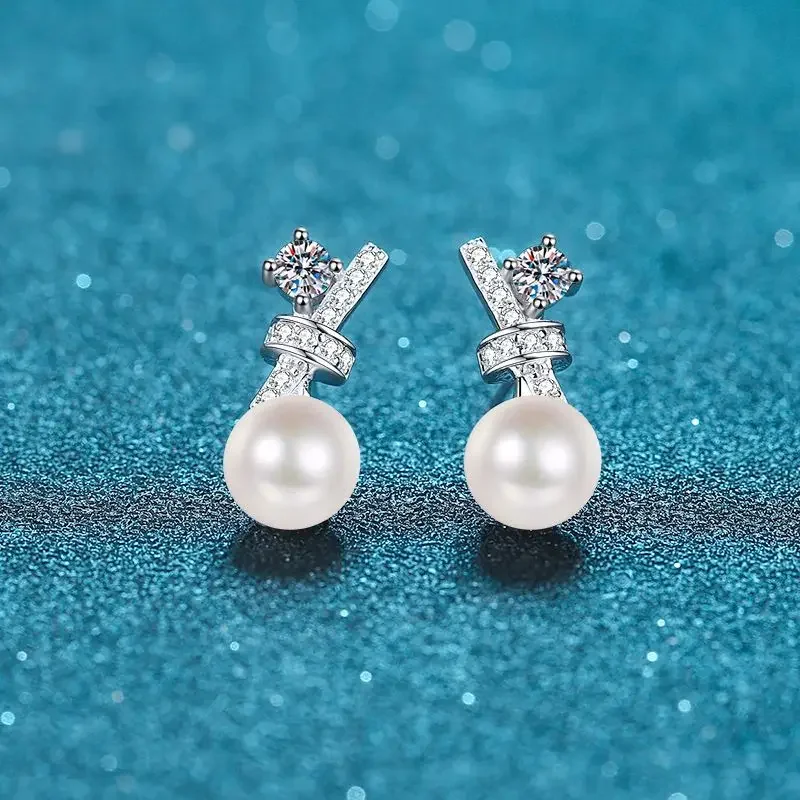 18K Gold Inlaid Women's Earrings PT950 Platinum Simple Freshwater Pearl Cross Style 72 Point Moissanite Fashionable Earrings