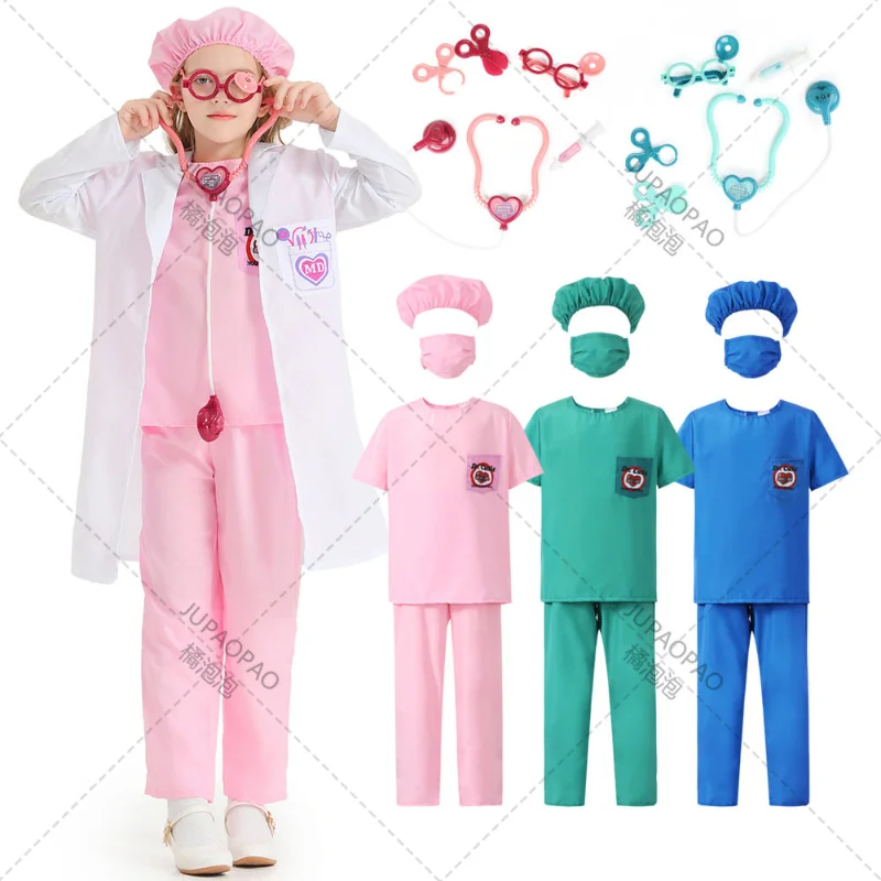 

3 Colors Girls Halloween Medical Doctor Costumes Kids Children M.D. Surgical Gown Cosplay Carnival Purim Role Play Party Dress