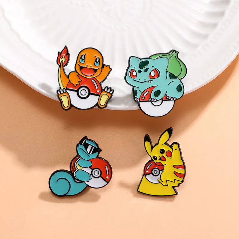 4pcs Pokemon Enamel Pins Set Pikachu & Squirtle Design Metal Brooch Badges Fashion Jewelry Accessory for Clothes Hats Backpacks