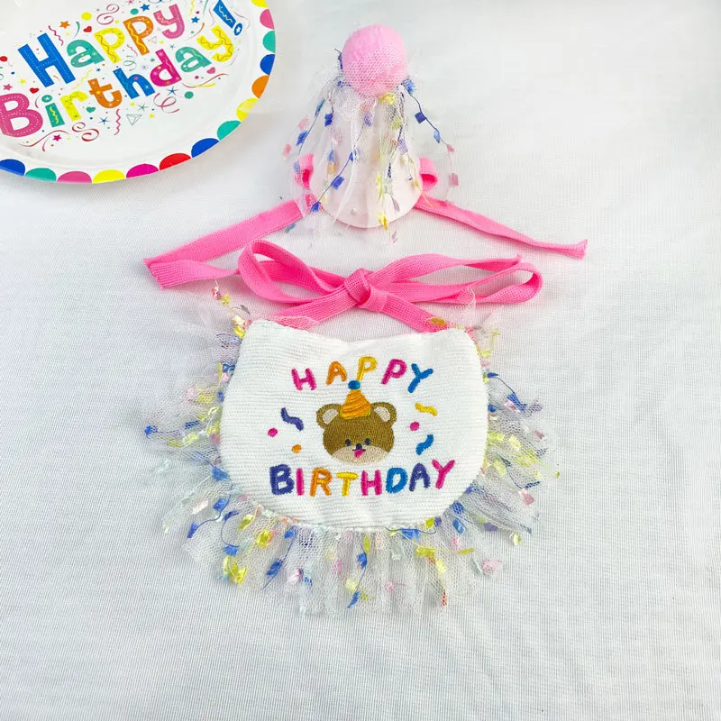 Pet Birthday Bib And Tassels Hat Cat Dog Party Lace Scarf Saliva Towel Pets Birthday Dress Up Supplies