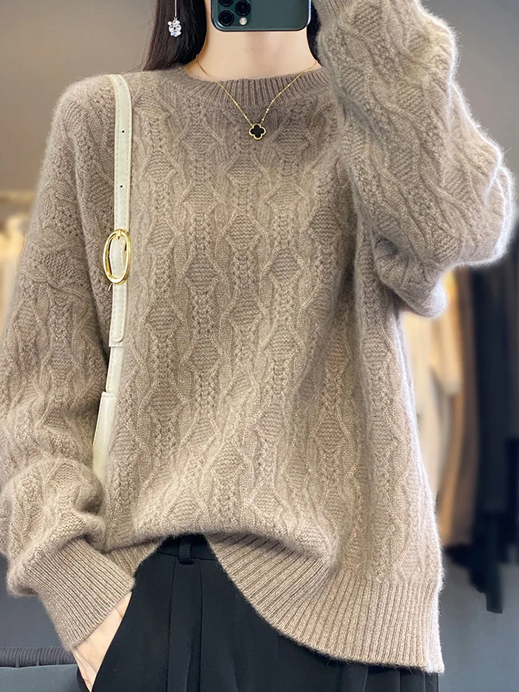 

Women's Knitted Thick Hollow Long Sleeve Sweater, 100% Wool Sweater, Loose and Comfortable, New Product