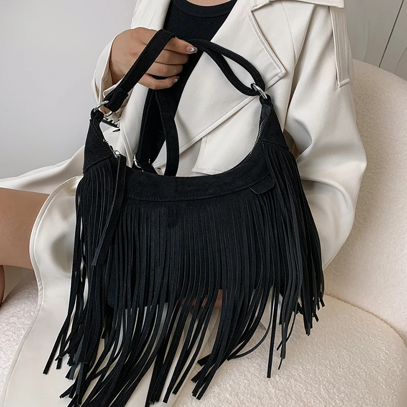 Fashion Tassel Shoulder Bag for Women High Quality Deerskin Armpit Bag Women Retro Purse Crossbody Bag Bohemian Handbag Satchel