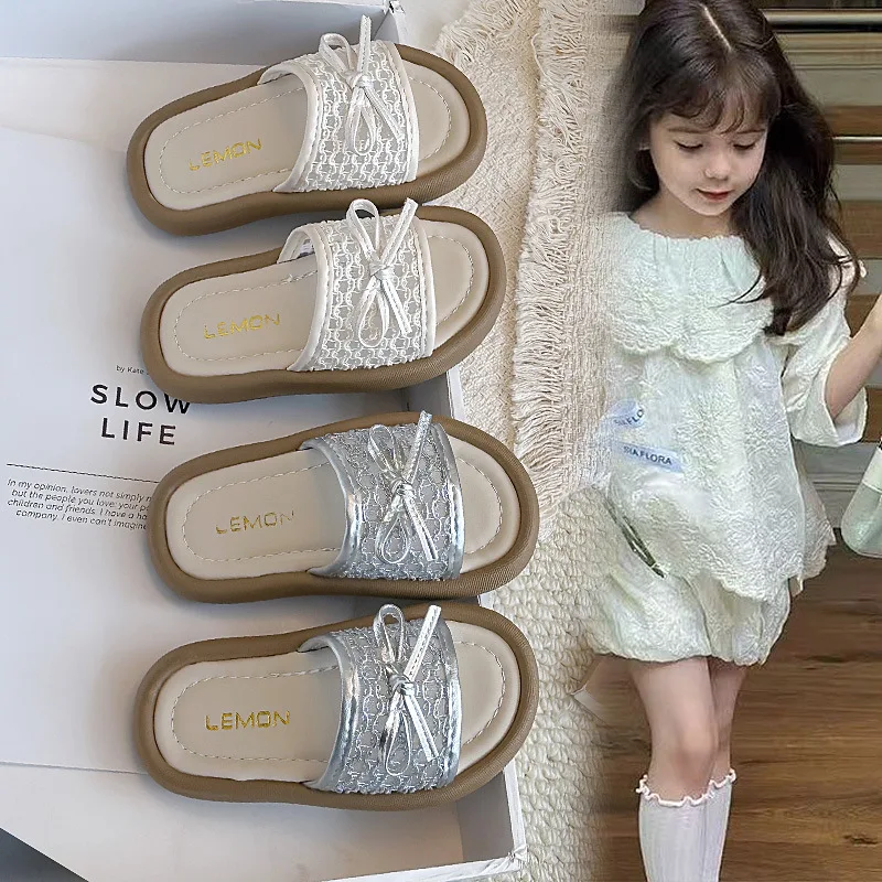 2-10Y Kids Summer Slippers Lace Bow Open Toe Soft Sole Non-slip Toddler Girls Beach Slide Sandals for Indoor Outdoor H76-28