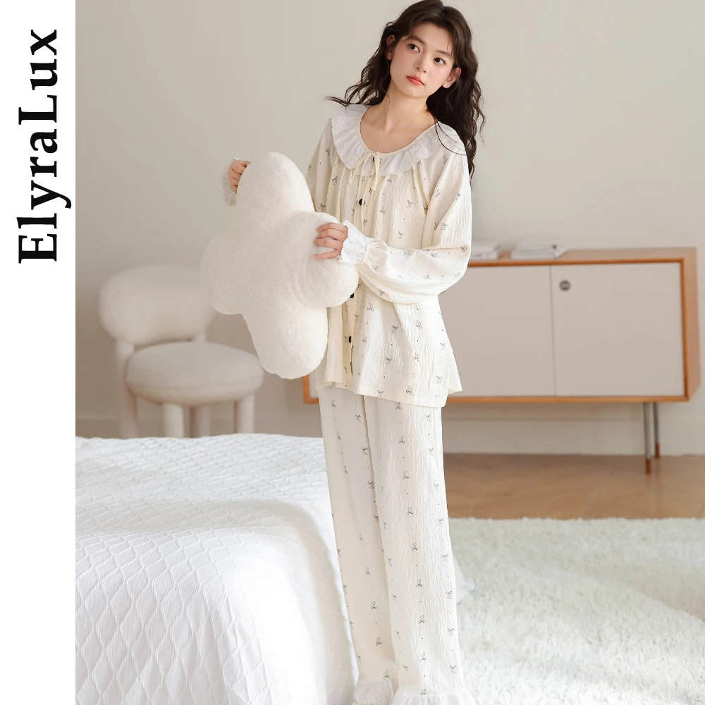 

ElyraLux Women’s Long Sleeve Pajama Set with Lace Trim & Bow Print, Cute Princess Collar Button Sleepwear, Soft Cozy Nightwear