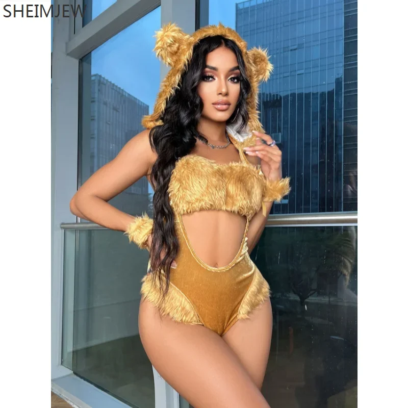 Sexy Kitten Seduction Uniform Set Cosplay Lingerie Lion Bodysuit With Lion Head Hat And Big Tail Wristband Hollowed Out Costume