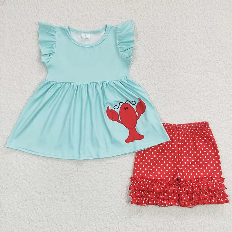 

Wholesale Baby Girls Summer Crawfish Clothing Blue Crayfish Short Sleeve Shirt Red Dot Shorts Children Boutique Kids Set Outfit