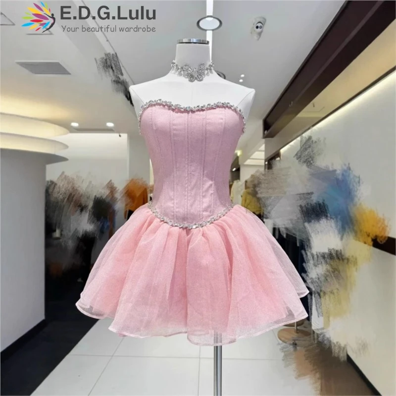 EDGLuLu Diamond Inlay Splicing Strapless Women's Evening Dress Drawstring Lace-Up Backless Sexy Mesh Red Birthday Dress 0113