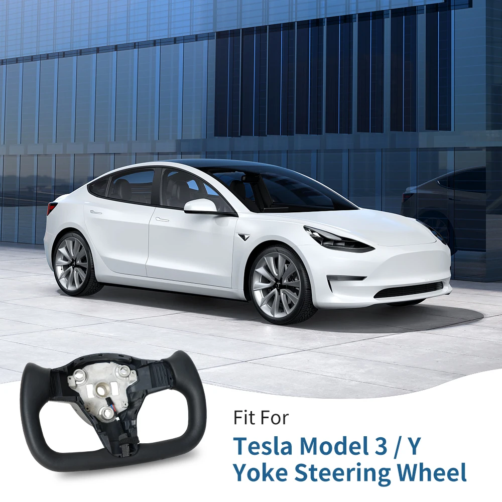 Yoke Racing Steering Wheel, Black Microfiber Leather without Front Trim for Tesla Model 3/Y 2017-2023 With Heating Function