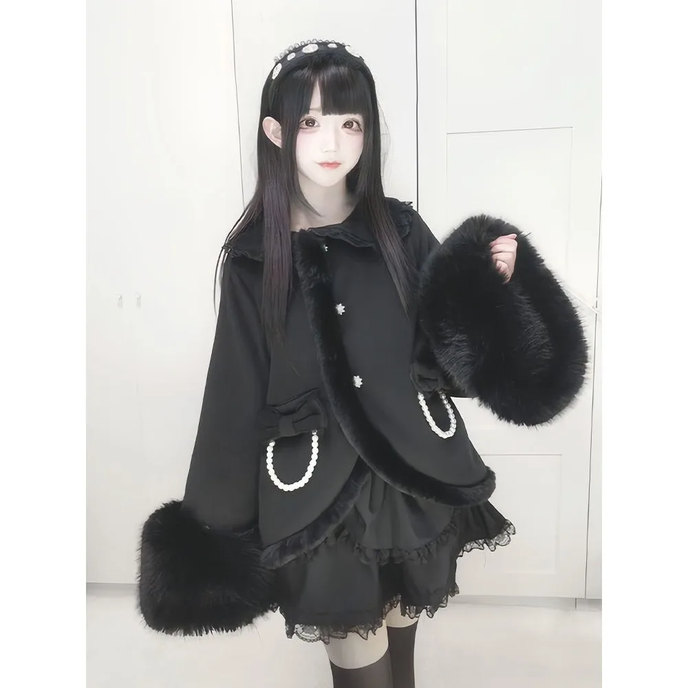 اليابانية Kawaii سترات طويلة الأكمام الأميرة نمط معطف + القوس وشاح الحلو المرأة عادية قطعتين مجموعة لوليتا الخريف الملابس