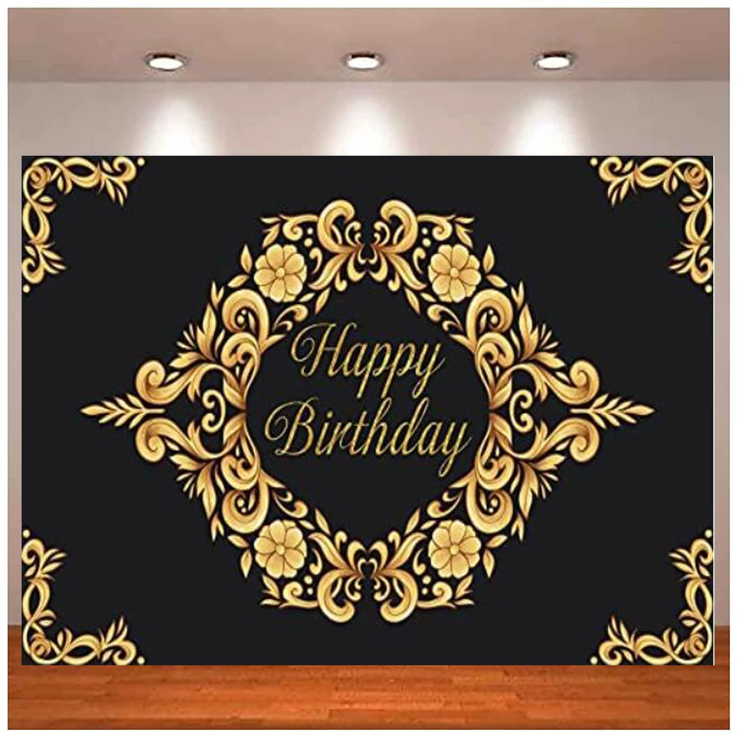 

Happy Birthday Background Women Girls Golden Floral Arround Gold Shining Phrase Black Backdrop for Children Booth Studio Banner