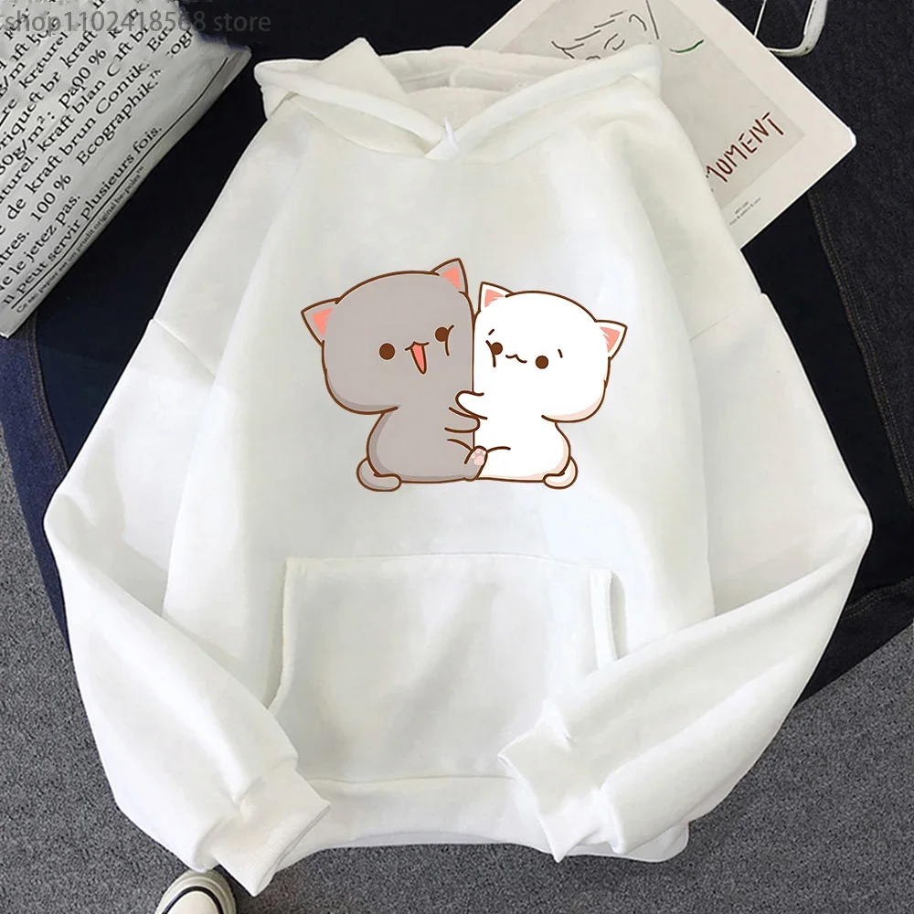 Kawaii Kat Hoodie Perzik Grappige Leuke Sweatshirts Cartoon Print Kleding Vrouwen Esthetische Lente Winter Roze Top Meisjes Capuchon Vrouwelijke