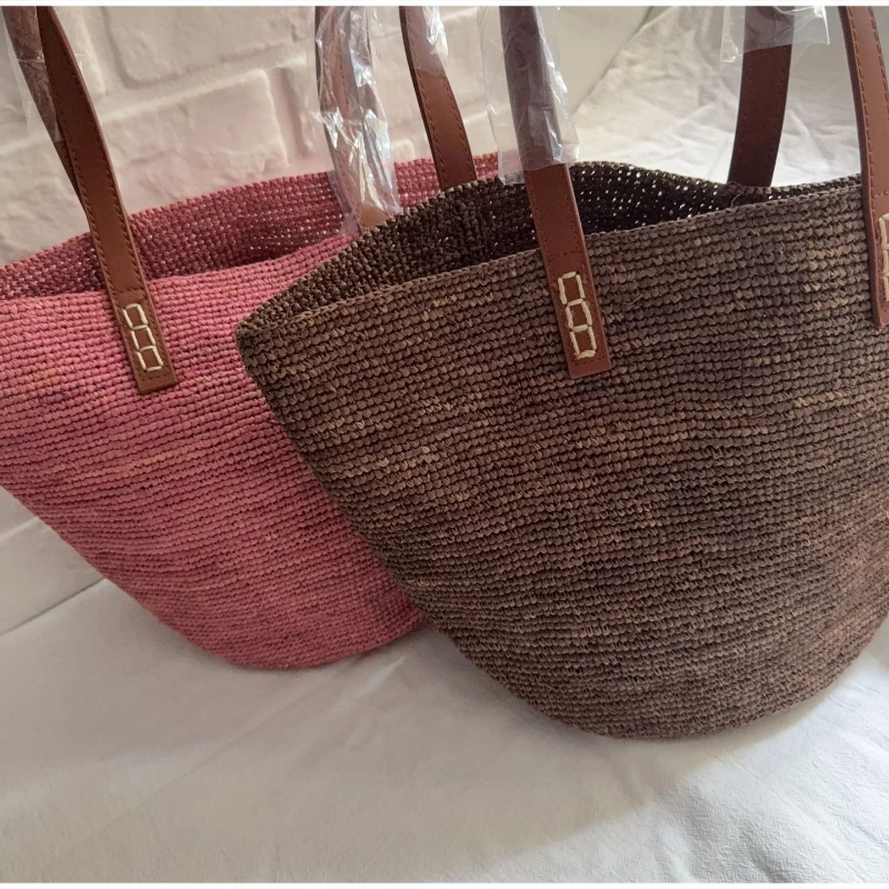 Raffia-Stroh-Häkel-Schultertasche mit Rindslederriemen, Damen-Tragetasche, Sommer-Strand-Urlaubstasche mit großer Kapazität, einfarbige Handtasche – Detail 2