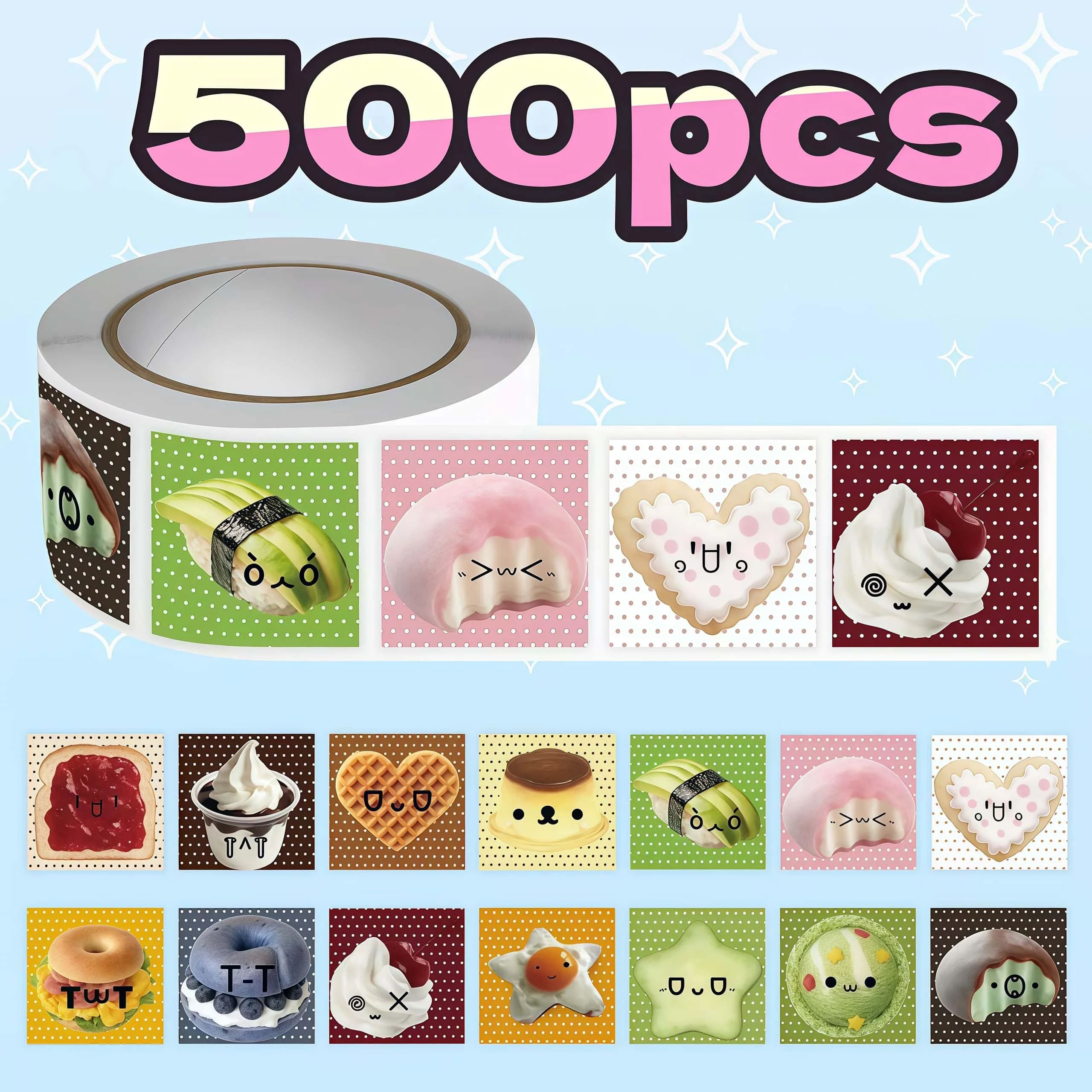 500Pcs Kawaii Polka Dot Food Stickers, Cute Dessert Sushi Pattern Labels, Decorative Stickers for Journal Packaging DIY Decor