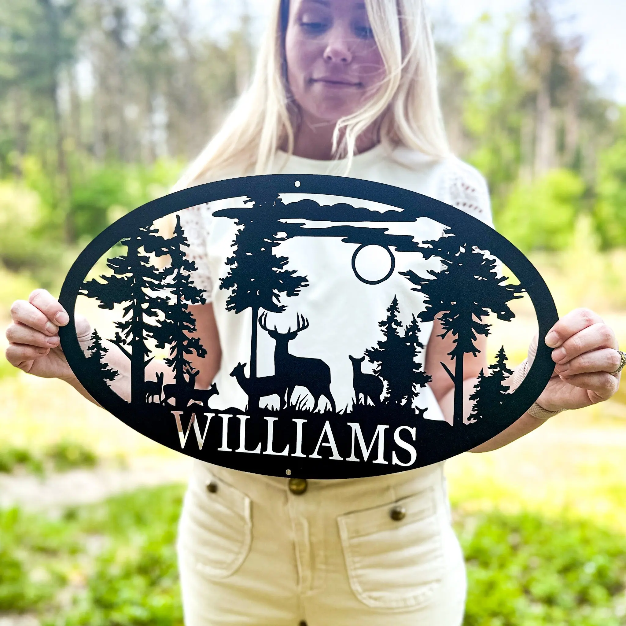 

Personalized Oval Deer Metal Cabin Sign Outdoor Hunting | Deer Hunter Gift Custom Family Name Sign Last Name Deer Monogram Cabin