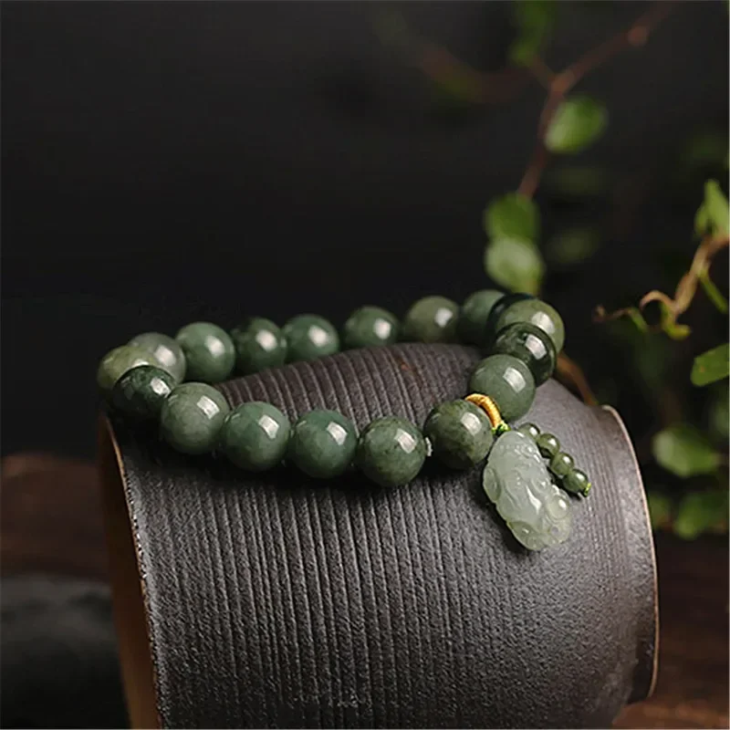 Natural Grade A Jade Jadeite Round Bead With Hand-Carved Pixiu Charm Link Bracelet Men and Women Adjustable Bangle Lucky Jewelry