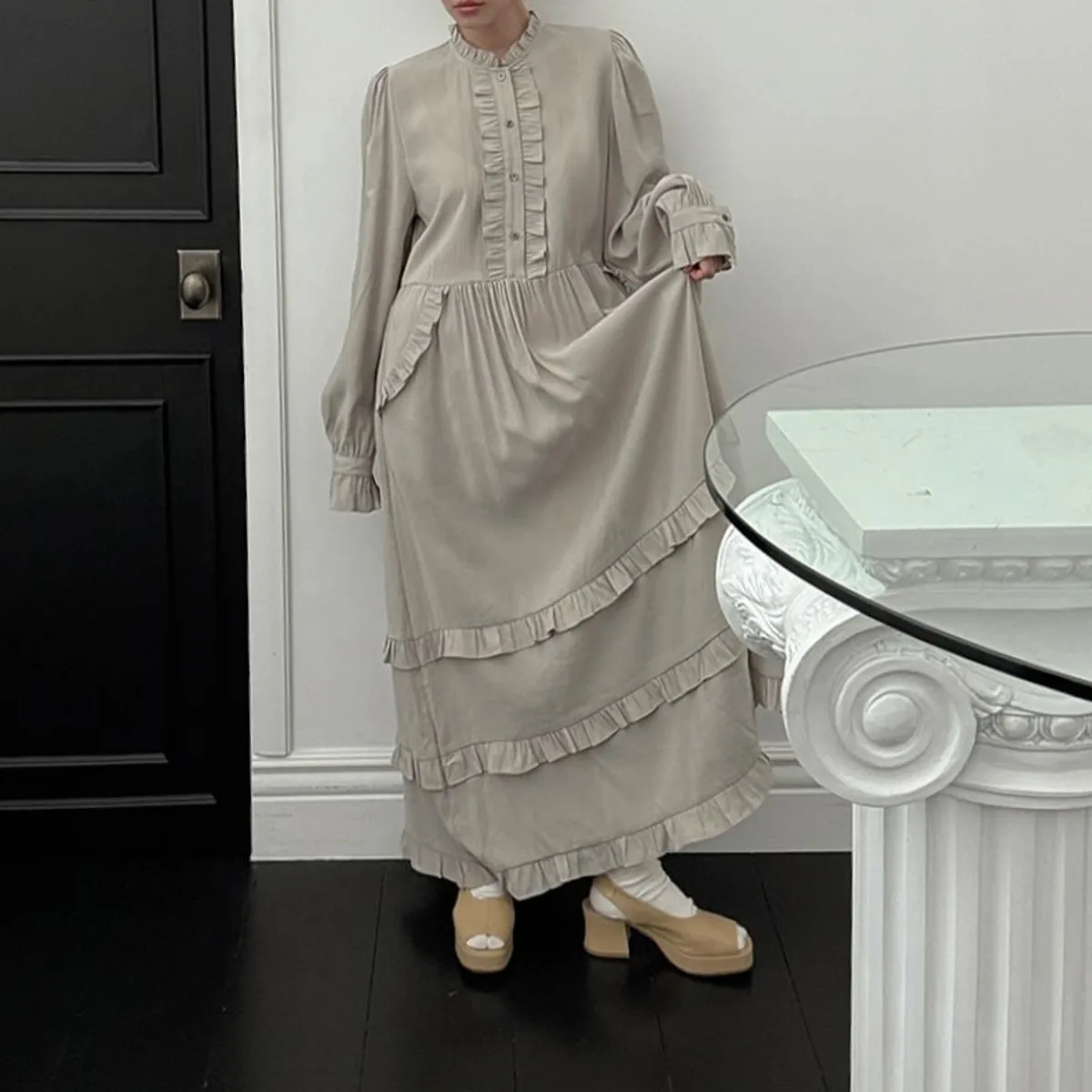 KWTX 2025 Vestido maxi feminino elegante em camadas com gola alta e babados em camadas vintage chique luxo cor sólida outono casual