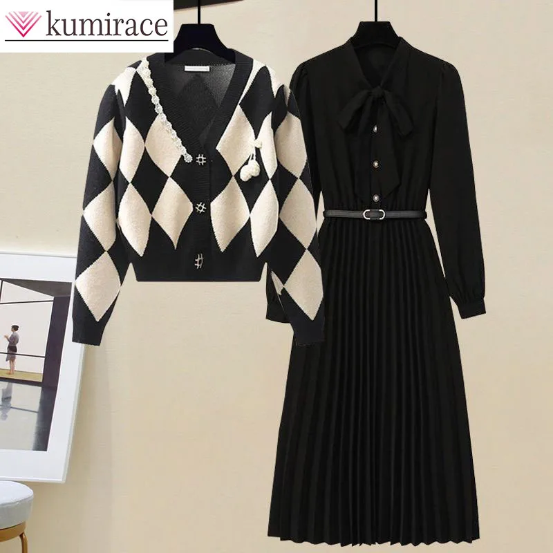 Early Autumn Plus Size Women's Clothing Outfit, Knitted Sweater Top Dress, Two-piece Set, Single Piece Sweater, Black Dress