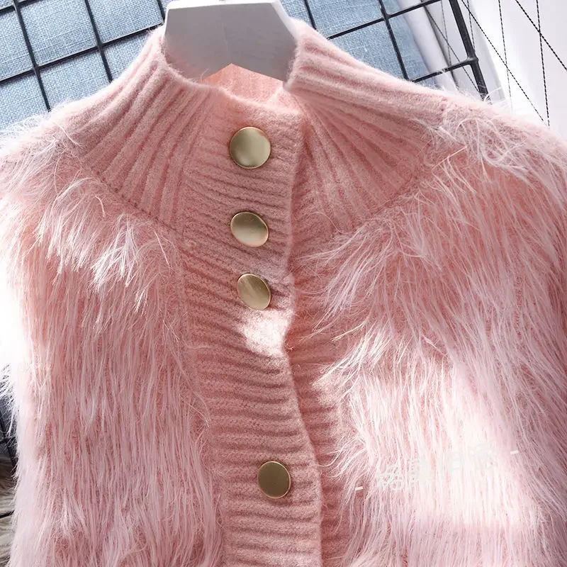 Korean Gentle Stand Button Mink Velvet Blue Sweater Coat Women\'s Autumn Spring Long Sleeve Thick Pink Mohair Cardigan Jacket