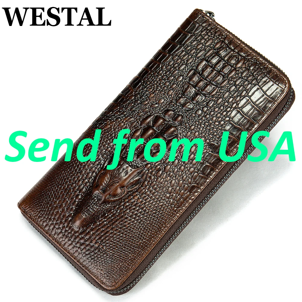 

WESTAL Alldaily Zipper Long Slim Wallet for Men Leather Credit Card Holder with ID Window Croco Design Purse for Men Droshipping