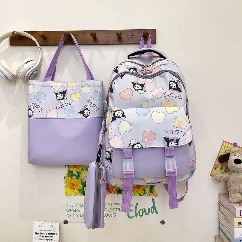 

Sanrio cartoon animation Kulomi children's schoolbag,new three-piece cute and cute girl large-capacity simple versatile backpack