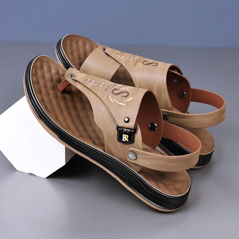 Summer Men Hollow Out Casual Soft Sole Slippers Leather Breathable Beach Shoes Anti-Slip Slip-On Shoes Outdoor Beach Flip-flops