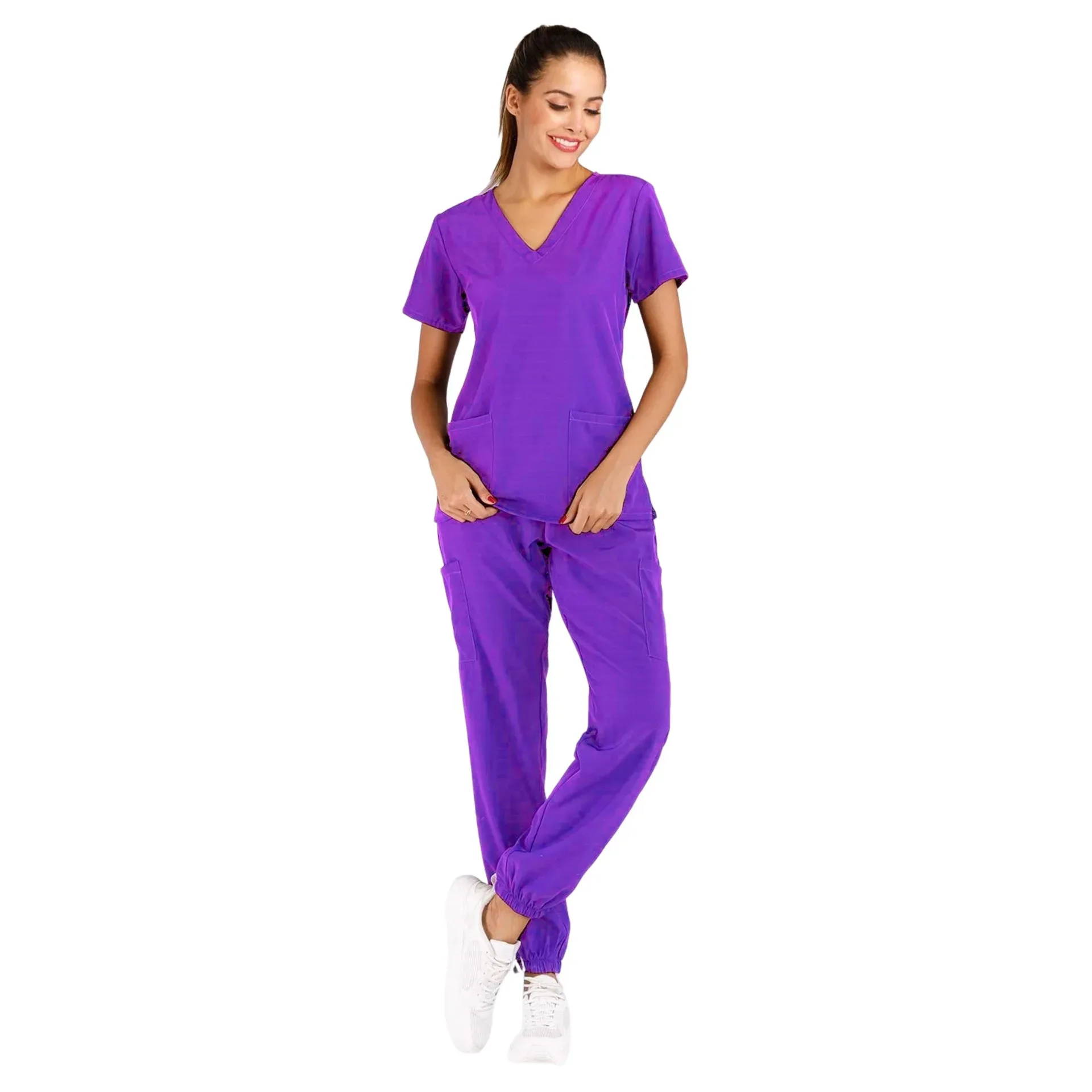 Uniforme hospitalar personalizado para mulheres, Enfermagem Médica Esfrega Conjuntos, Bolsos elásticos, Alta qualidade