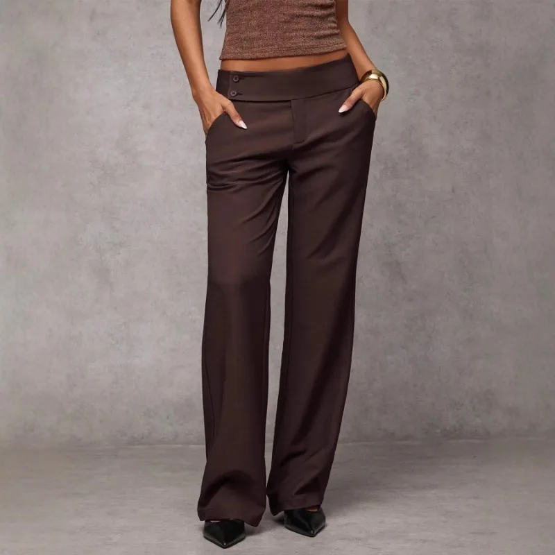 

Женские коричневые брюки-палаццо с высокой талией, широкими штанинами, пуговицами и карманами для офиса