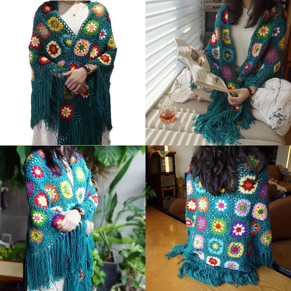 

Women's Crochet Poncho Cape with Fringe, Granny Square Pattern, 70x34 Inches, Sweater Coat Wrap Shawl
