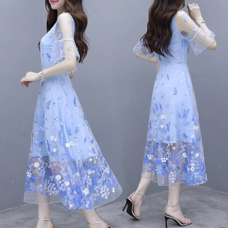 Women Embroidery Medium long Dress 2024 New Super Fairy Long Fairy Skirt Summer Western Style High-end Mesh Skirt A Word Dress