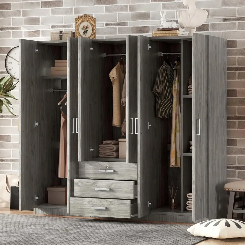 Wooden Wardrobe 6-Doors With Three Storage Shelves And Lockable Drawers, Freestanding High Armoire W/ 3 Hanging Rods,Gray|