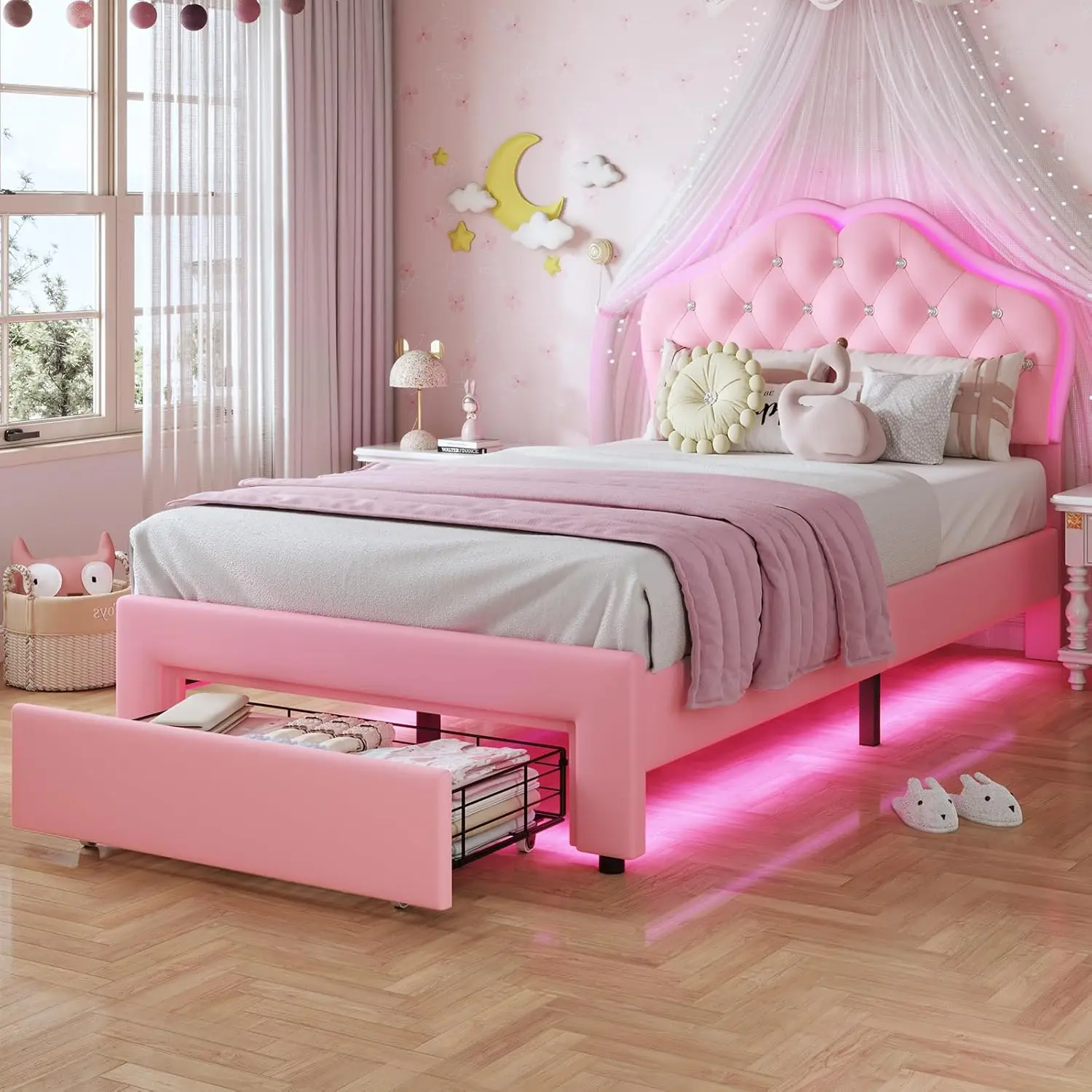 Twin Size Girl Bed with Storage Drawer & LED Lights, Upholstered Platform Bed, Adjustable Headboard with Velvet, Customized
