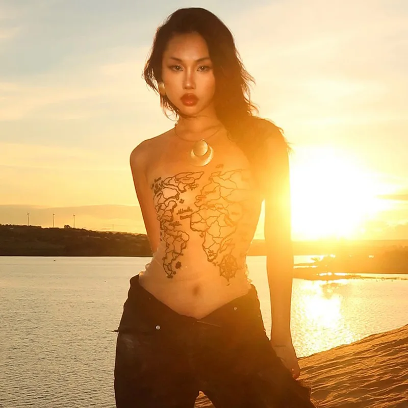 Women Summer Sleeveless Mesh Print Boob Tube Tops Sexy Slim Backless Spicy Girl Tank Vest New Fashion X-rayed Tank Tops Camisole