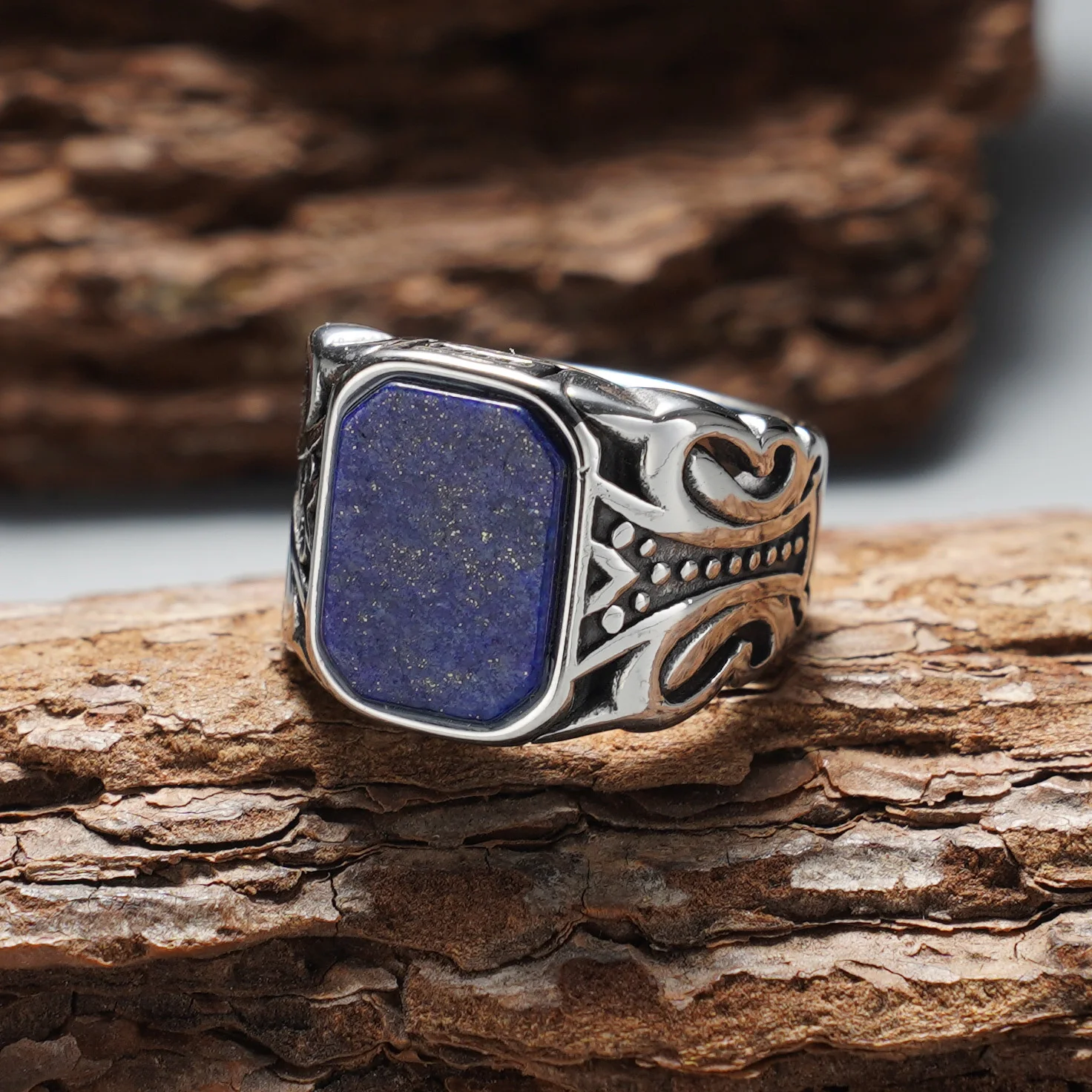 Herren Vintage 316L Edelstahl Rechteckiger Synthetischer Lapis Lazuli Siegelring, Hohlmuster Minimalistischer Trendiger Schmuck – Detail 1