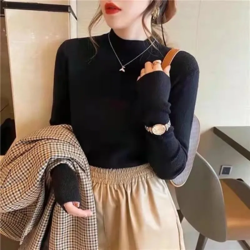 American Vintage Solid Color Knitwear Autumn New Simple Style Half High Neck Long Sleeve Base T-shirt Women's Fashion Slim Top