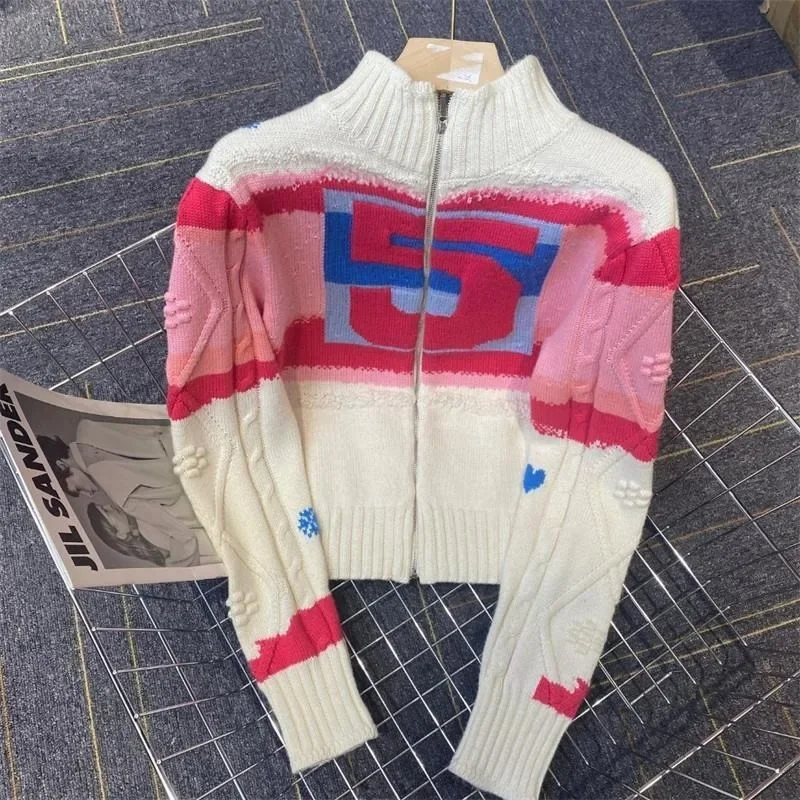 Autumn and Spring New Casual All-match Sweater Female Korean Version Lazy Style Patchwork Color Design Knitwear  pink cardigan