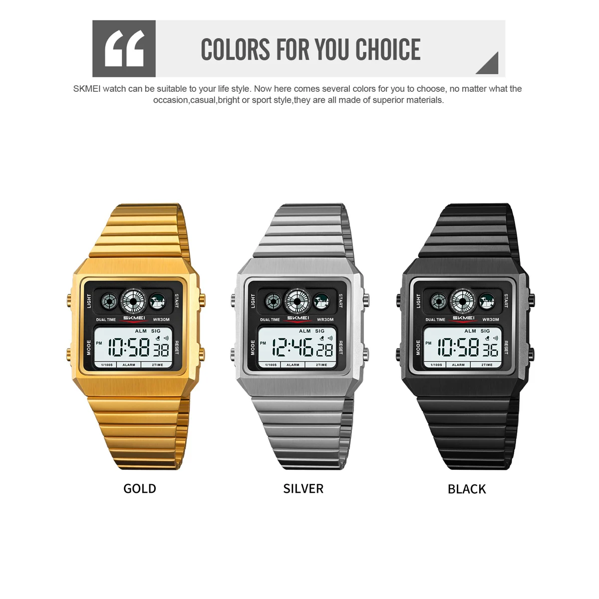 SKMEI 2450 Mens Business Metal Digital Simple Square Watches For Men Countdown Stopwatch Hombre Week Clock Back Light Wristwatch