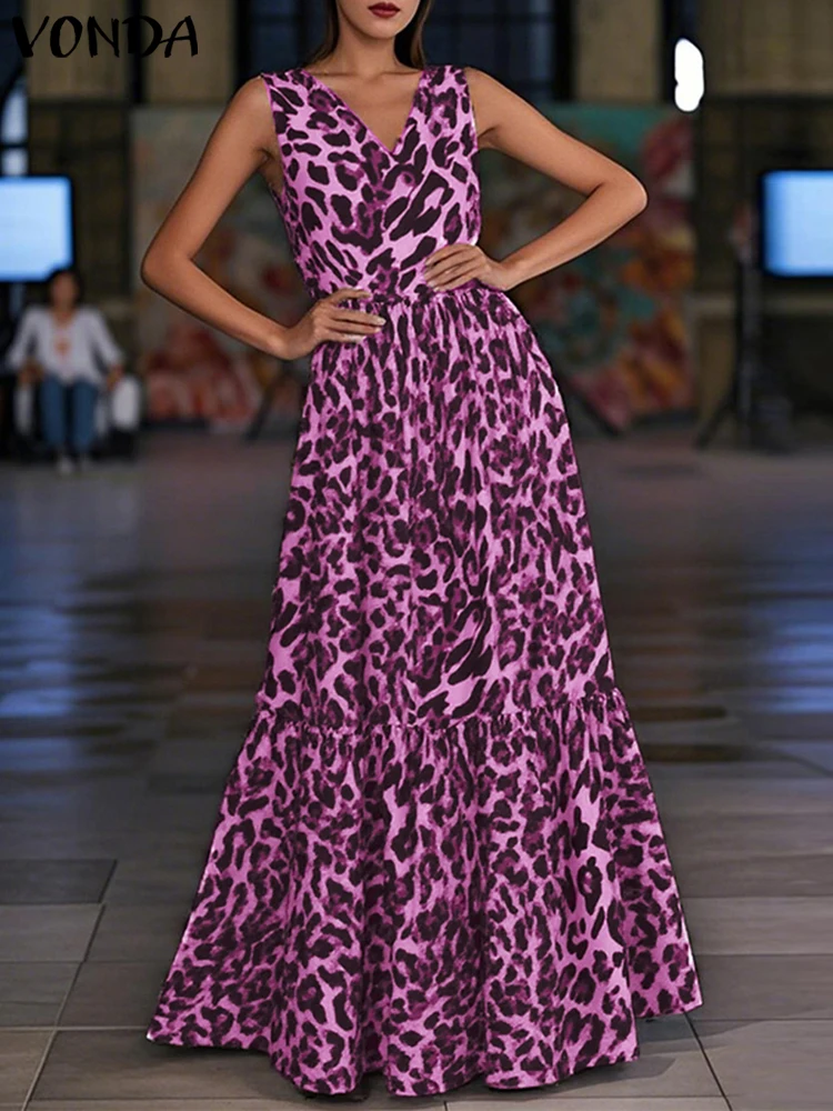 

Plus Size Women Dress Vintage Leopard Print Party Vestidos Sleeveless Rufled Maxi Sundress 2025 VONDA Casual Loose V Neck Robe
