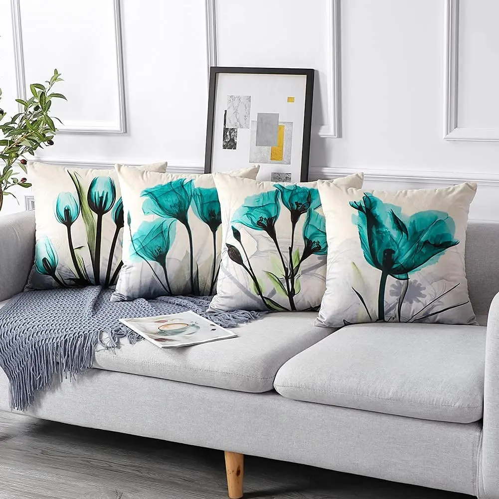 Cyan Watercolor Flower Linen Cushion Cover Upholstery, Pillowcase Home Decor, For Sofa, Car, Bedroom 40x40 45x45 50x50 60x60