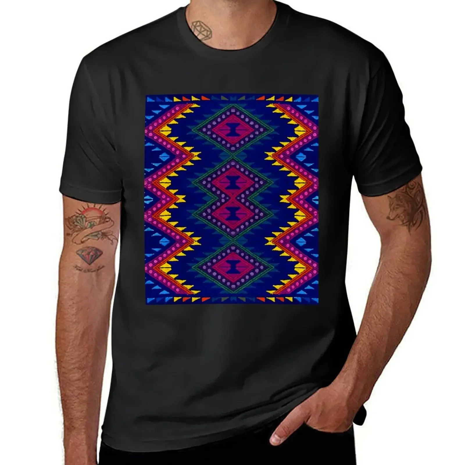 Colorful chevron vibrant blue embroidery maya textile maximalist decor T-Shirt blue archive custom shirt men clothings