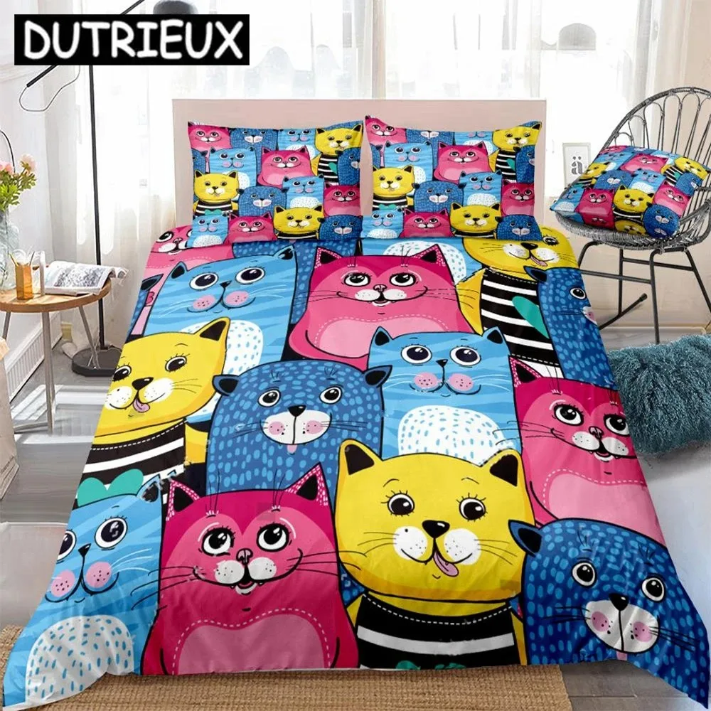 

Colorful Cats Duvet Cover Set Cartoon Cats Bedding Kids Boys Girls Red Blue Yellow Cats Quilt Cover Queen Bed Set Dropship