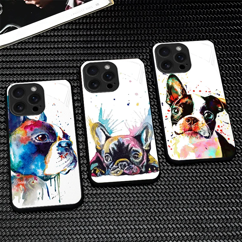 Capa de Celular de Vidro com Design de Bulldog Francês e Pug para iPhone 16 17 15 14 13 Pro Max 12 11 16E XS 7 Plus Air, Capa Protetora Antichoque