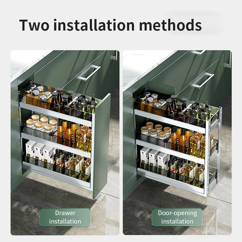 Kitchen Cabinet Drawer Seasoning Storage Shelf 2 layer Condiments Pull Basket Aluminum Alloy Pull Out Cabinet Organizer Rack