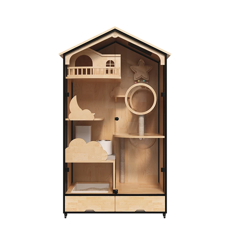 Meow Emperor  Villa Rubber Solid Wood Panoramic Glass Super Large Space Cat Cage Luxury Three story Household  House  H