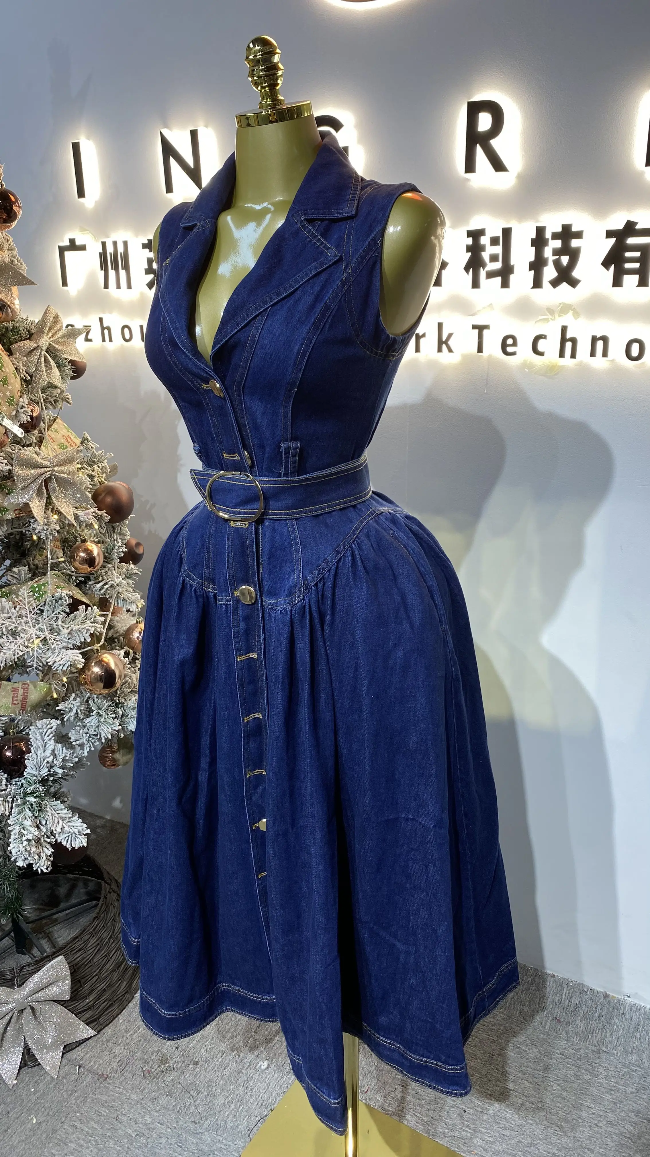 New Spring/Autumn Casual Retro Dress for Women, Washed Denim Mid-Length Single-Breasted Mid-Length Turn-Down Collar-GZXX443