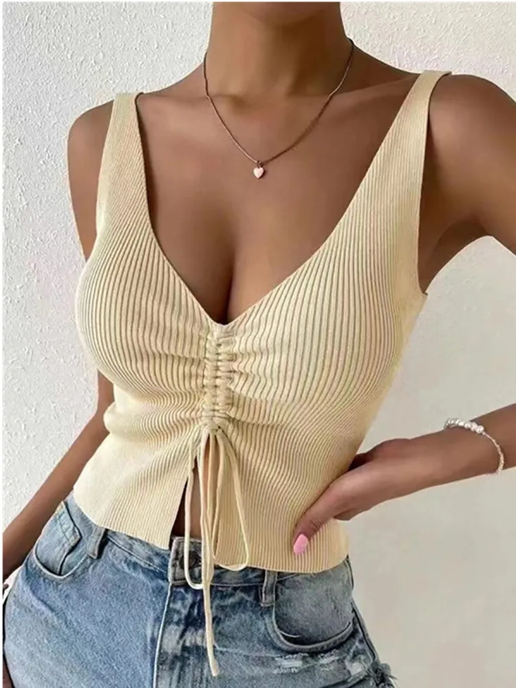 Nowe letnie damskie topy z dzianiny ze sznurkiem z przodu Femme Sexy V Neck Sleeveless Crop Top Clothes High Stretch Split Cropped Tank