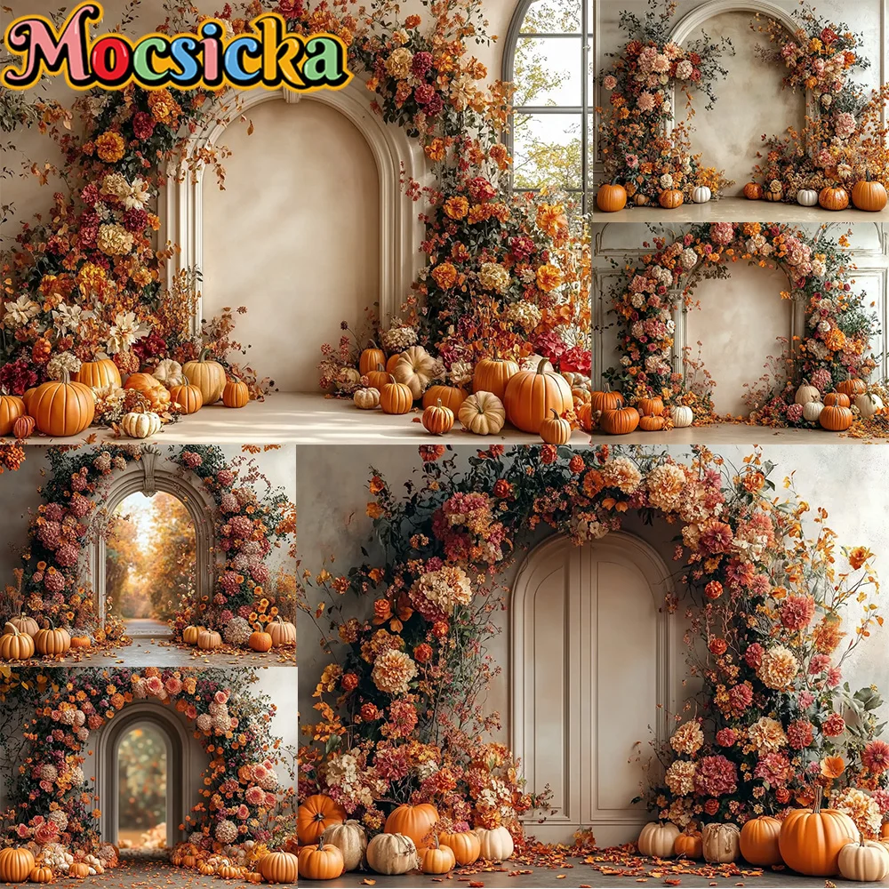 Mocsicka Photography Backdrop Autumn Pumpkin Maple Leaves Decoration Female Fall Portrait Photo Backgrounds For Photographs